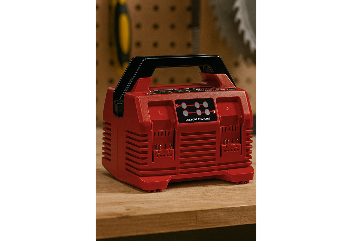 Απεικονίζεται ο φορτιστής πάνω σε πάγκο.